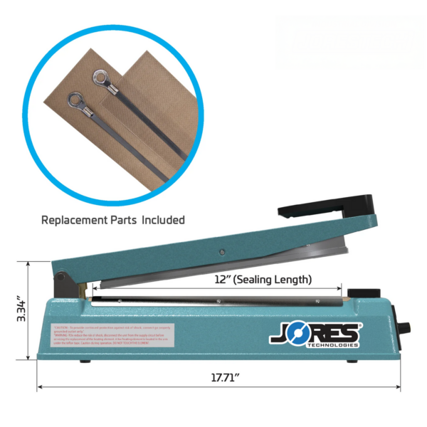 Infografía de selladora manual por impulso azul JORES TECHNOLOGIES® con medidas de la máquina. La característica destacada dice