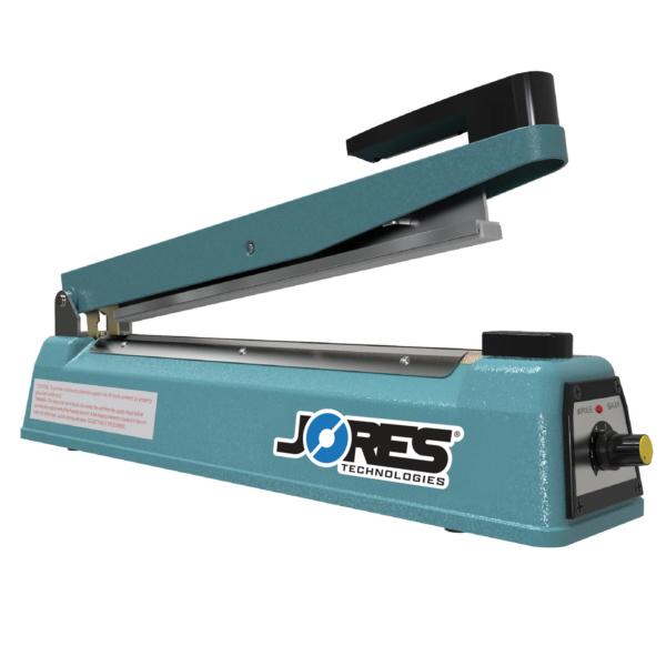 Máquina selladora de bolsas por impulso manual de 12 pulgadas. La máquina de sellado por calor se muestra con la mordaza abierta y el logotipo de JORES TECHNOLOGIES®.