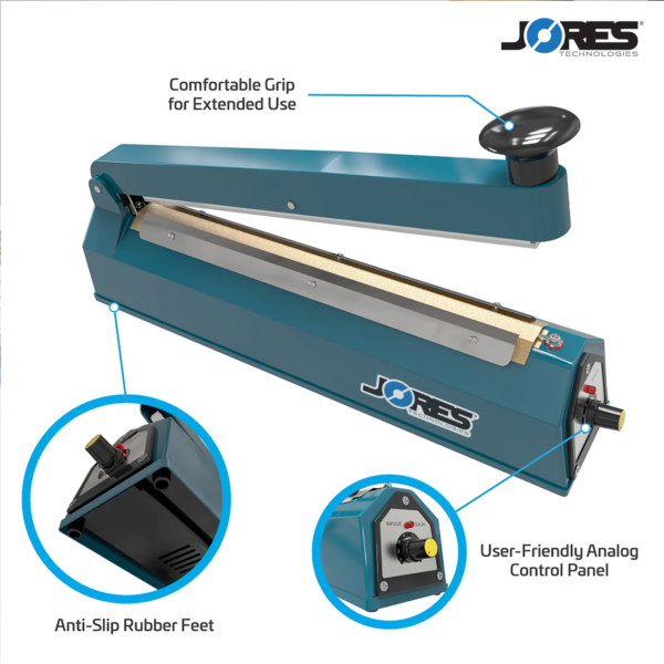 Infografía que muestra una selladora manual por impulso azul. Las características destacadas incluyen: agarre cómodo para uso prolongado, patas de goma antideslizantes y panel de control analógico de fácil uso. Las imágenes ampliadas muestran primeros planos de las patas de goma y del panel de control.