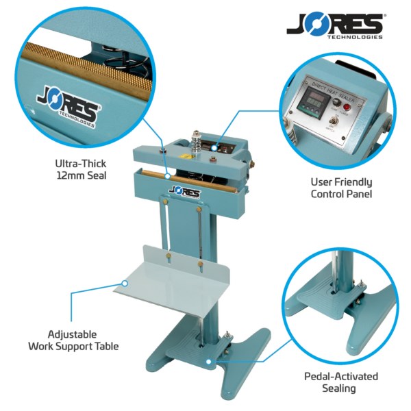 Infografía que muestra una selladora de bolsas de pedal de calor constante azul JORES TECHNOLOGIES® con texto que dice: Sistema de sellado por calor constante, panel de control fácil de usar, mesa de apoyo de trabajo ajustable y sellado activado por pedal