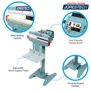 Infografía que muestra la selladora de bolsas de impulso de pie JORES TECHNOLOGIES®. Las características destacadas incluyen sistema de sellado por calor, panel de control fácil de usar, sellado activado por pedal y mesa de apoyo de trabajo ajustable. Primeros planos del elemento de sellado, el pedal y el panel de control.