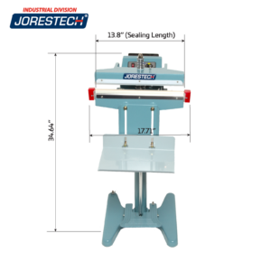 La infografía muestra la selladora de bolsas de impulso de pie JORES TECHNOLOGIES® con las medidas de la máquina. Las medidas de la máquina son 17.71