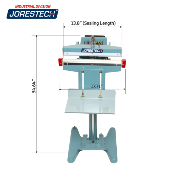 La infografía muestra la selladora de bolsas de impulso de pie JORES TECHNOLOGIES® con las medidas de la máquina. Las medidas de la máquina son 17.71