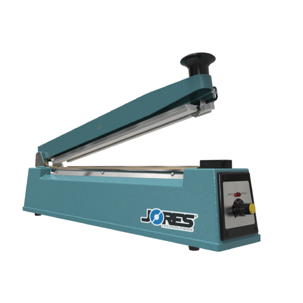 Máquina selladora manual de impulso azul con cortador. Se muestra la selladora de bolsas con la mordaza abierta y el logotipo de JORES TECHNOLOGIES®.