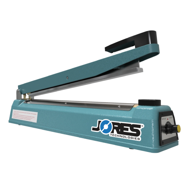 Máquina selladora manual de impulso portátil. Máquina selladora de bolsas con el logotipo de JORES TECHNOLOGIES®.