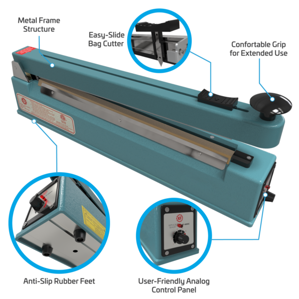 Infografía que muestra una selladora manual por impulsos azul. Las características destacadas incluyen estructura de marco metálico, cortador de bolsas deslizante fácil, agarre cómodo para uso prolongado, patas de goma antideslizantes y panel de control analógico fácil de usar. El zoom muestra primeros planos de las patas de goma y del panel de control