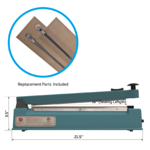 Selladora manual de impulso para bolsas portátil azul con medidas de la máquina. La característica dice
