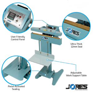 Selladora de bolsas de pie de impulso constante con características destacadas: panel de control fácil de usar, mesa de soporte ajustable y sellado activado por pedal.