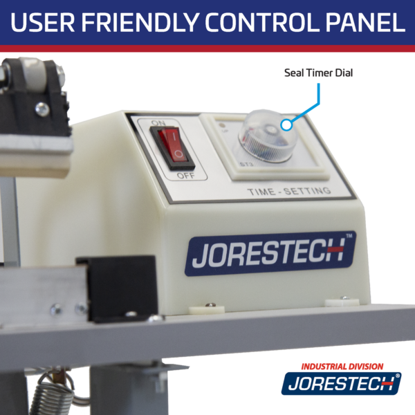 Título de redas: “Panel de control fácil de usar”. La imagen está ampliada y muestra los detalles del panel de control y el dial del temporizador de sellado.