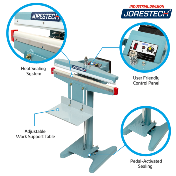 Infografía que muestra una selladora de bolsas de impulso de pie JORES TECHNOLOGIES® azul sobre fondo blanco. Las características destacadas incluyen sistema de sellado térmico, panel de control fácil de usar, sellado activado por pedal y mesa de apoyo de trabajo ajustable. Primeros planos del elemento de sellado, pedal y panel de control.