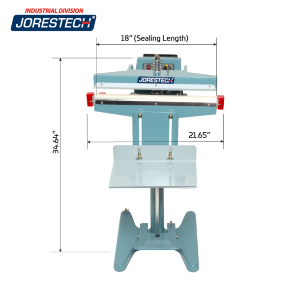 Infografía que muestra una selladora de impulso de pie azul JORES TECHNOLOGIES® con las medidas de la máquina. Las medidas de la máquina son 21.65