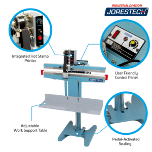 Infografía que muestra una selladora de bolsas por impulso con pedal JORES TECHNOLOGIES® azul sobre fondo blanco. Las características destacadas incluyen impresora de hot stamp integrada, panel de control fácil de usar, sellado activado por pedal y mesa de soporte de trabajo ajustable. Primeros planos de una impresora de hot stamp, un pedal de pie y un panel de control.