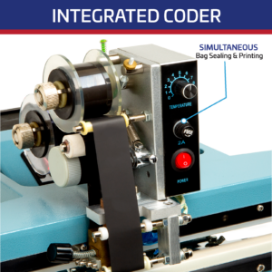 El título dice: “Integrated Coder” muestra un primer plano de la impresora de estampado en caliente y un texto que destaca las capacidades de la máquina para sellar y imprimir bolsas simultáneamente.