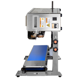vista lateral de la selladora continua de bolsas de mesa JORES TECHNOLOGIES® de acero inoxidable para 220v con banda azul