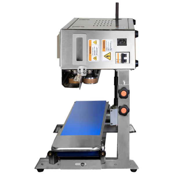 vista lateral de la selladora continua de bolsas de mesa JORES TECHNOLOGIES® de acero inoxidable para 220v con banda azul