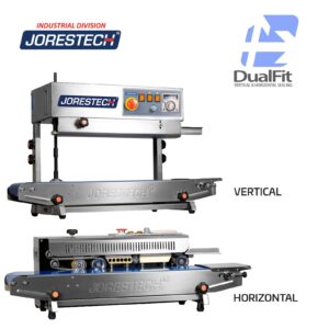 Selladora continua de banda de acero inoxidable para aplicaciones de sellado vertical y horizontal de JORES TECHNOLOGIES®. El logotipo de ajuste dual con flechas indica que esta selladora de bolsas de sobremesa puede utilizarse para aplicaciones verticales y horizontales.