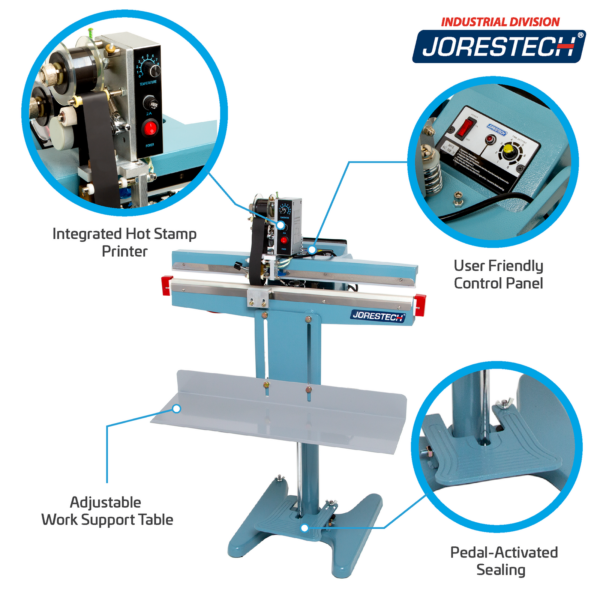 Infografía que muestra la selladora de bolsas por impulso de pie JORES TECHNOLOGIES®. Las características destacadas incluyen impresora de estampado en caliente integrada, panel de control fácil de usar, sellado activado por pedal y mesa de apoyo de trabajo ajustable. Primeros planos de la impresora de estampado en caliente, el pedal y el panel de control.