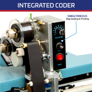 Se lee “Integrated Coder” y muestra un primer plano de la impresora de estampado en caliente y un texto que destaca las capacidades de sellado y impresión simultáneas de la máquina.
