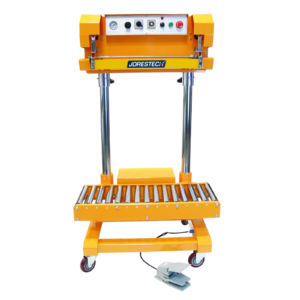 Selladora de bolsas por impulso neumática JORES TECHNOLOGIES® amarilla con pedal y transportador de rodillos integrado