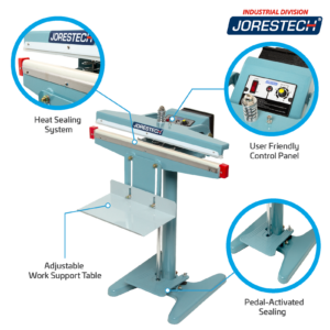 Infografía que muestra la selladora de bolsas por impulso de pie JORES TECHNOLOGIES®. Las características incluyen sistema de sellado térmico, panel de control fácil de usar, sellado activado por pedal y mesa de soporte de trabajo ajustable. Incluye primeros planos del elemento de sellado, pedal y panel de control.