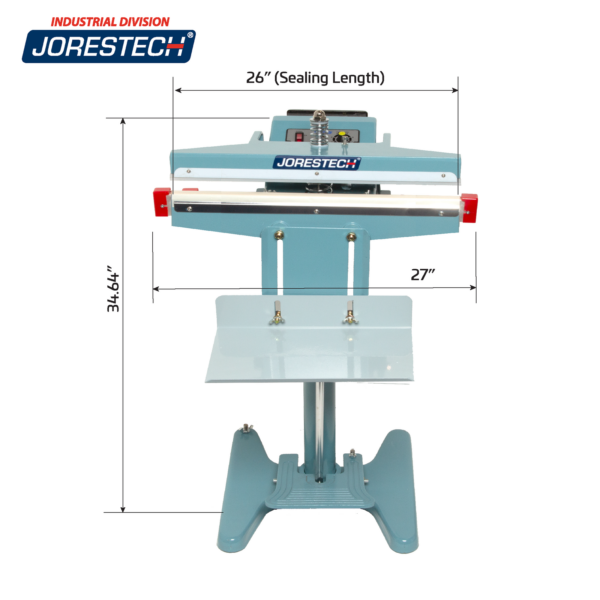 Infografía que muestra la selladora de impulso de pie JORES TECHNOLOGIES® con las medidas de la máquina. Las medidas de la máquina son 27