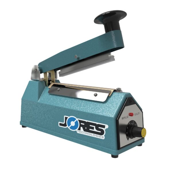 Máquina selladora por impulso manual de 4 pulgadas. La máquina selladora de bolsas se muestra con la mordaza abierta y el logotipo de JORES TECHNOLOGIES®
