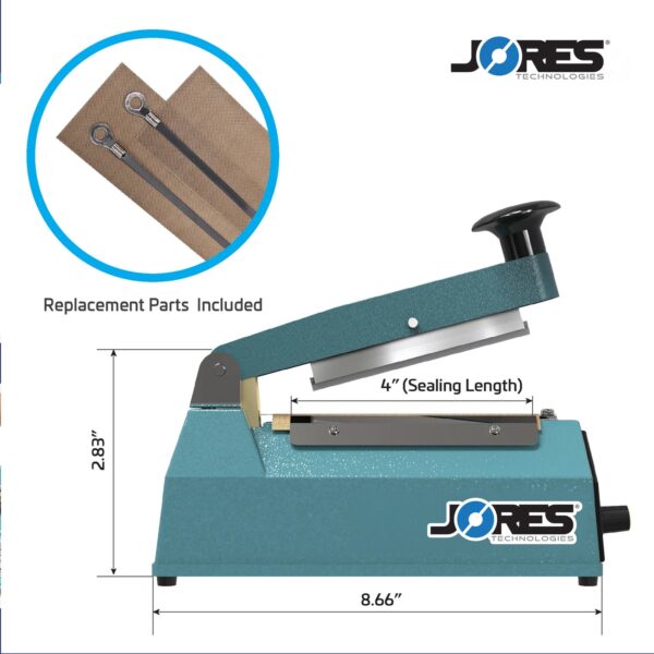 Infografía que muestra una selladora manual por impulso azul JORES TECHNOLOGIES® con las medidas de la máquina. La característica destacada dice