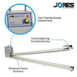 Selladora térmica manual de impulso para bolsas de 40 pulgadas. Las características incluyen estructura de marco de aluminio, panel de control analógico fácil de usar y agarre cómodo para uso prolongado. Primeros planos del panel de control