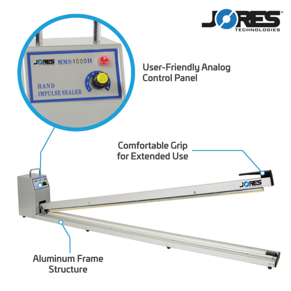 Selladora térmica manual de impulso para bolsas de 40 pulgadas. Las características incluyen estructura de marco de aluminio, panel de control analógico fácil de usar y agarre cómodo para uso prolongado. Primeros planos del panel de control