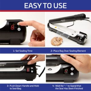 Descripción paso a paso del proceso de sellado manual. 1. Ajuste el tiempo de sellado. 2. Coloque la bolsa sobre el elemento de sellado. 3. Baje la palanca y manténgala presionada para sellar la bolsa. 4. Espere a que - indique que el sellado ha finalizado.