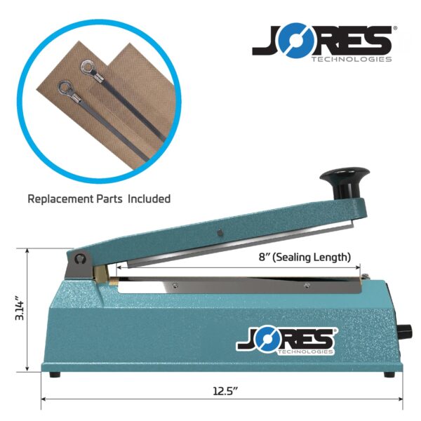 Selladora manual por impulso JORES TECHNOLOGIES® con medidas de la máquina. La característica destacada dice