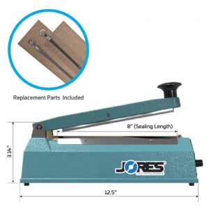 Selladora por impulso manual JORES TECHNOLOGIES® con medidas de la máquina. La característica destacada dice