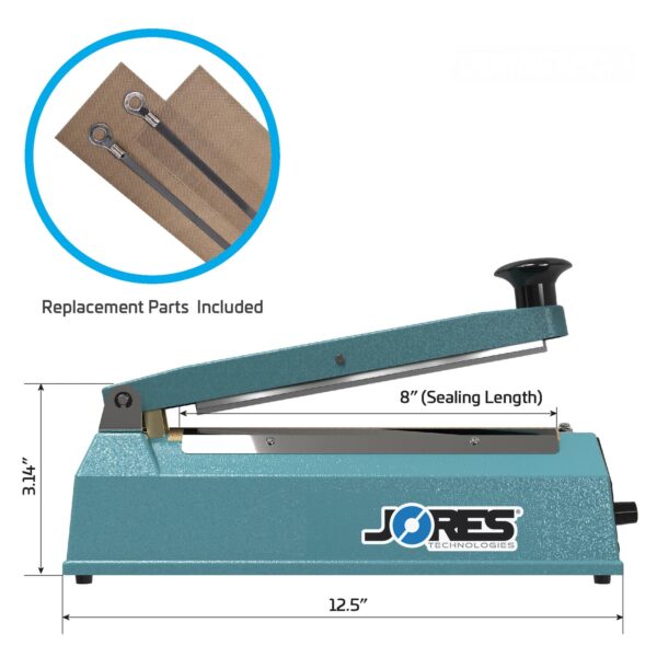 Selladora por impulso manual JORES TECHNOLOGIES® con medidas de la máquina. La característica destacada dice