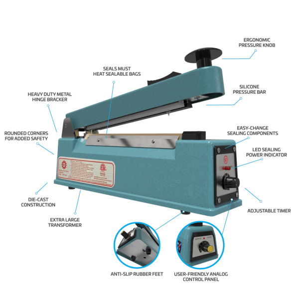 Características de la selladora térmica manual con cortador: temporizador ajustable, panel de control analógico, transformador extra grande, construcción de fundición a presión, esquinas redondeadas, sello metálico de alta resistencia para bolsas sellables, perilla ergonómica de presión, barra de presión de silicona, componentes de sellado de fácil reemplazo, indicador LED de potencia de sellado