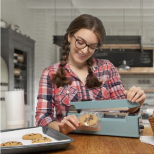 Joven adolescente en una cocina. Lleva una camisa a cuadros rosa y azul y está sellando una tanda de galletas con chispas de chocolate en bolsas de plástico individuales sellables usando la selladora manual por impulso de 8 pulgadas.