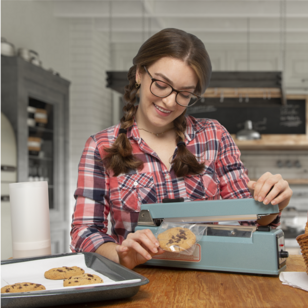 Joven adolescente en una cocina. Lleva una camisa a cuadros rosa y azul y está sellando una tanda de galletas con chispas de chocolate en bolsas de plástico individuales sellables usando la selladora manual por impulso de 8 pulgadas.