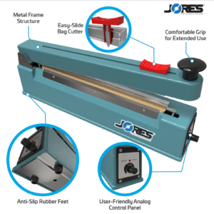 Selladora manual de impulso térmico. Sus características incluyen estructura de marco metálico, cortador de bolsas deslizante fácil, agarre cómodo para uso prolongado, patas de goma antideslizantes y panel de control analógico fácil de usar. Primeros planos de las patas de goma y del panel de control