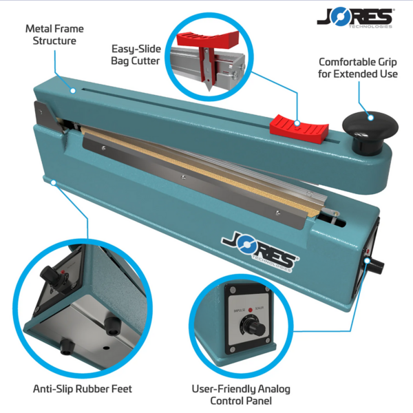 Selladora manual de impulso térmico. Sus características incluyen estructura de marco metálico, cortador de bolsas deslizante fácil, agarre cómodo para uso prolongado, patas de goma antideslizantes y panel de control analógico fácil de usar. Primeros planos de las patas de goma y del panel de control