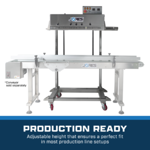 Selladora continua de banda con altura ajustable que garantiza un ajuste perfecto en la mayoría de las configuraciones de líneas de producción