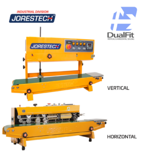 Posicionamiento vertical y horizontal de la máquina selladora continua de banda. El logotipo Dual Fit con 2 flechas junto a los 2 detalles de las selladoras de banda muestra cómo esta selladora continua de banda JORES TECHNOLOGIES® puede utilizarse para aplicaciones verticales y horizontales.