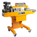 Selladora continua horizontal amarilla autoportante JORES TECHNOLOGIES® con codificador de estampado en caliente y ruedas de alta resistencia integradas