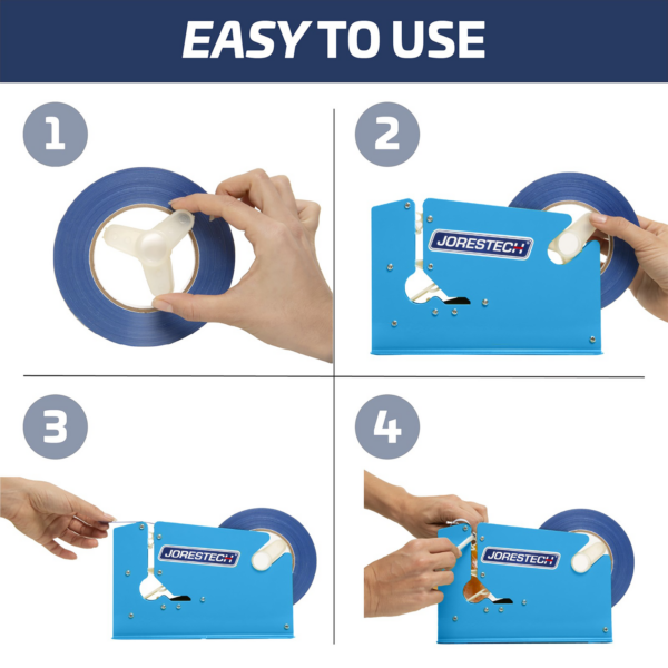 Secuencia dividida de cuatro pasos que muestra cómo instalar la cinta adhesiva en la cerradora manual de bolsas JORES TECHNOLOGIES® . La franja azul superior dice: