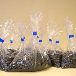 Varios bolsas de plástico transparente llenas de frijoles negros selladas con cinta adhesiva azul usando una selladora manual de bolsas