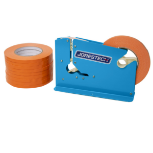 Un sellador manual de bolsas azul con recubrimiento en polvo, con 10 rollos de cinta autoadhesiva naranja, sobre fondo blanco