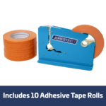 Un cerrador de bolsas con recubrimiento en polvo y el logotipo de JORES TECHNOLOGIES® junto a 10 rollos de cinta naranja. Un banner azul y blanco dice Incluye 10 rollos de cinta adhesiva.