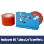Un cerrador de bolsas con recubrimiento en polvo con el logotipo de JORES TECHNOLOGIES® junto a 10 rollos de cinta roja. Un banner azul y blanco indica Incluye 10 rollos de cinta adhesiva.