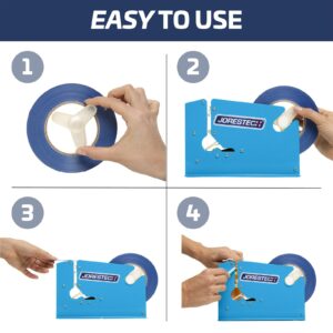 Secuencia dividida de cuatro pasos que muestra cómo instalar la cinta adhesiva en la selladora manual de bolsas JORES TECHNOLOGIES®. El banner azul superior dice: