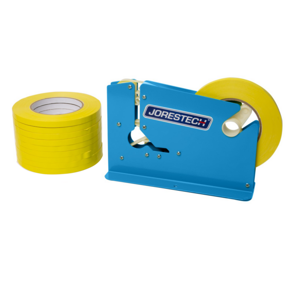 Una selladora manual de bolsas JORES TECHNOLOGIES® con recubrimiento en polvo azul con 10 rollos de cinta autoadhesiva amarilla de 3/8 pulgadas