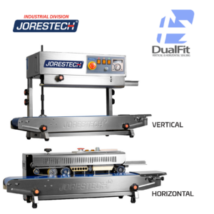Selladora continua de banda SS de JORES TECHNOLOGIES® para aplicaciones verticales y horizontales. El logotipo de ajuste dual con flechas indica que esta selladora de bolsas de sobremesa puede utilizarse en aplicaciones verticales y horizontales.