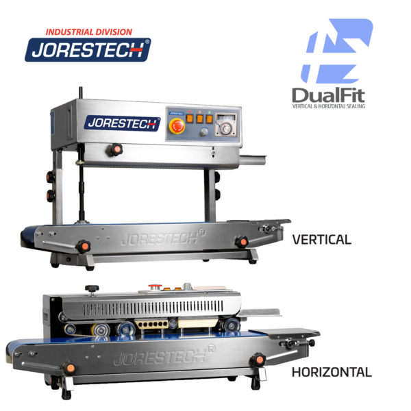 Selladora continua de banda SS de JORES TECHNOLOGIES® para aplicaciones verticales y horizontales. El logotipo de ajuste dual con flechas indica que esta selladora de bolsas de sobremesa puede utilizarse en aplicaciones verticales y horizontales.